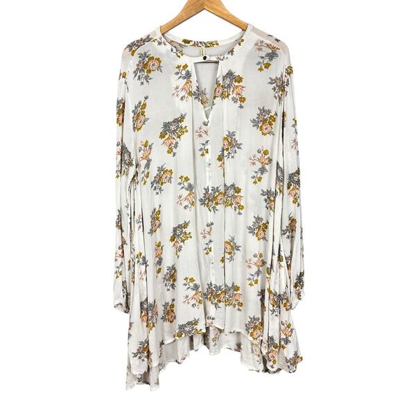 Free People White Gardenia Retro Print Swing Tunic Crepe Boho Dress Size Large - Picture 7 of 16